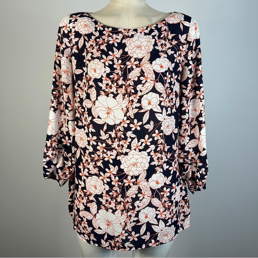 Banana Republic Navy Floral Blouse S | Bateau Neck Sleeve Career Cottagecore ❤️